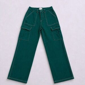 No Comment Cargo Pants Large Green Contrast Stitch Y2K Wide Leg Utility Trousers